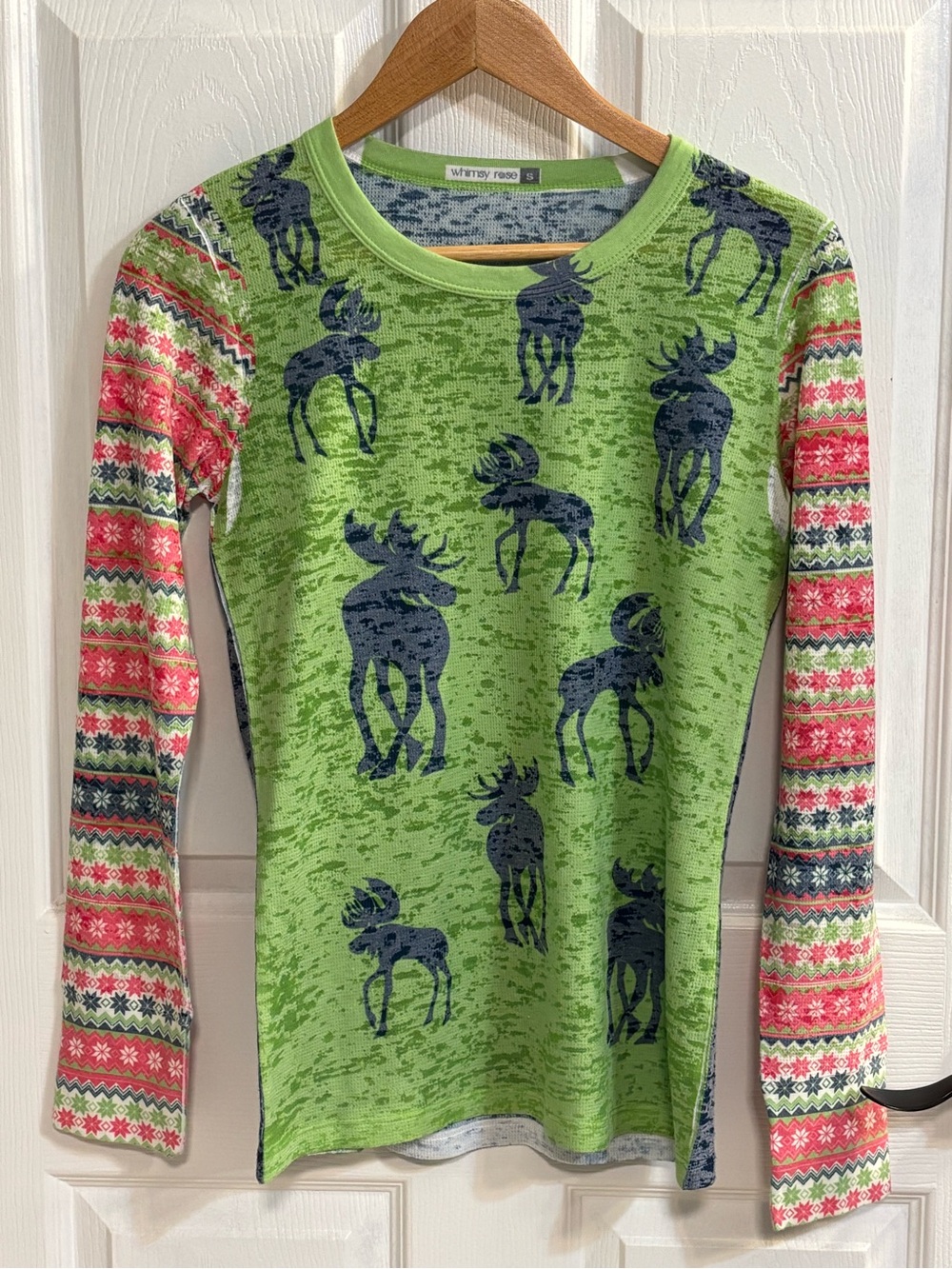 Whimsy Rose Thermal Waffle Knit Moose Fair Isle Long Sleeve Top Women’s S USA